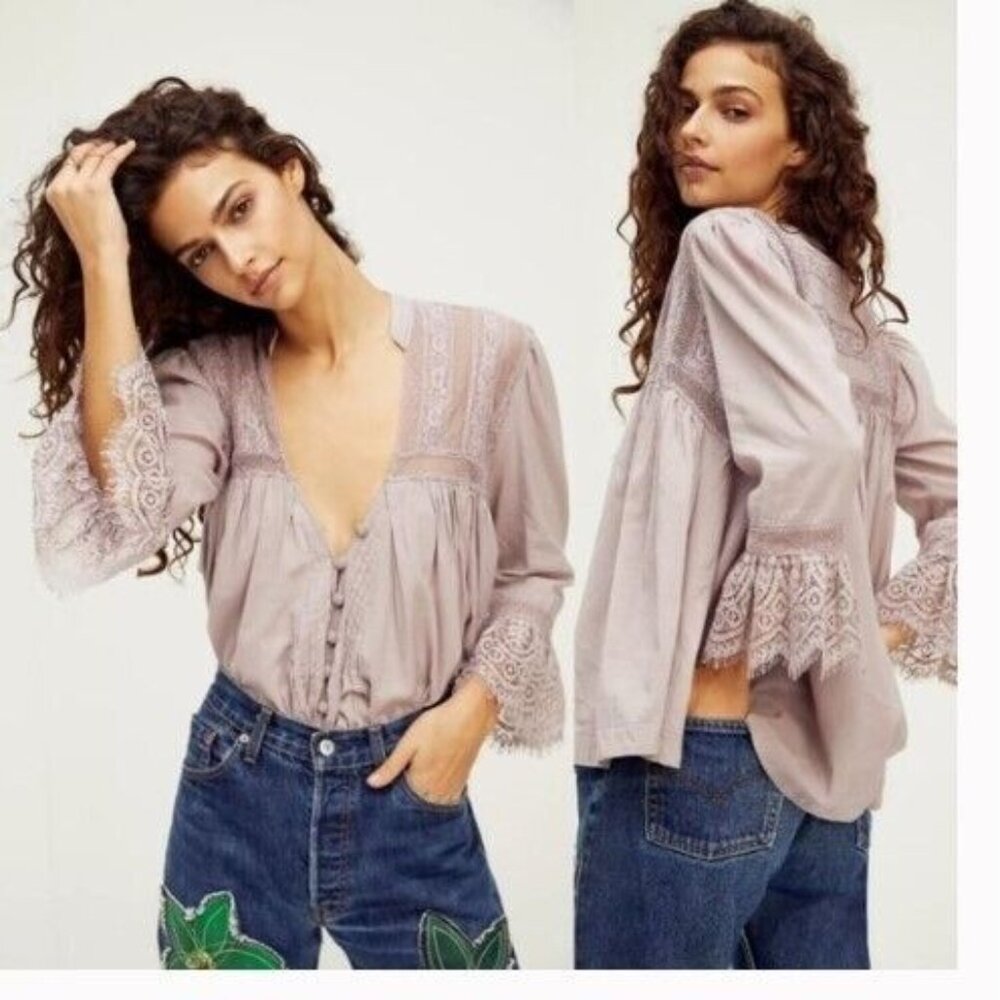 NWT $128 Free People Esme Embroidered Button Down Top Sz Small Lavender Mauve